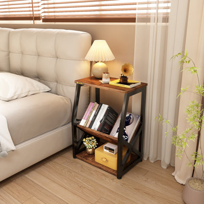 Side Table with Magazine Holder, 3 Tier Narrow End Table with Storage Shelf, Industrial Slim Nightstand for Small Spaces, Vintage Small Nightstand, Narrow End Tables for Living Room