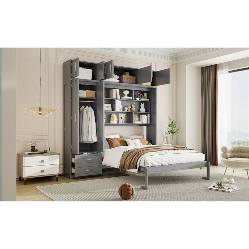 Lit escamotable mural avec armoire supérieure, tablettes et garde-robe, lit pliable peu encombrant, Gris