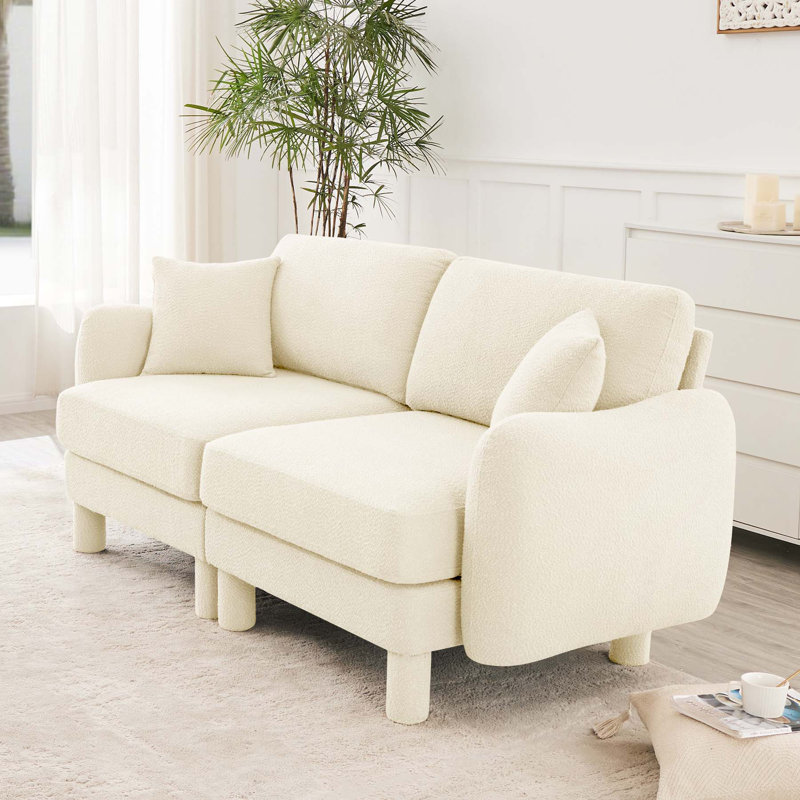 Canapé 2 places avec accoudoirs en forme de coquillage et pieds cylindriques Boucle, Beige, 35" H x 78" W x 35.8" D
