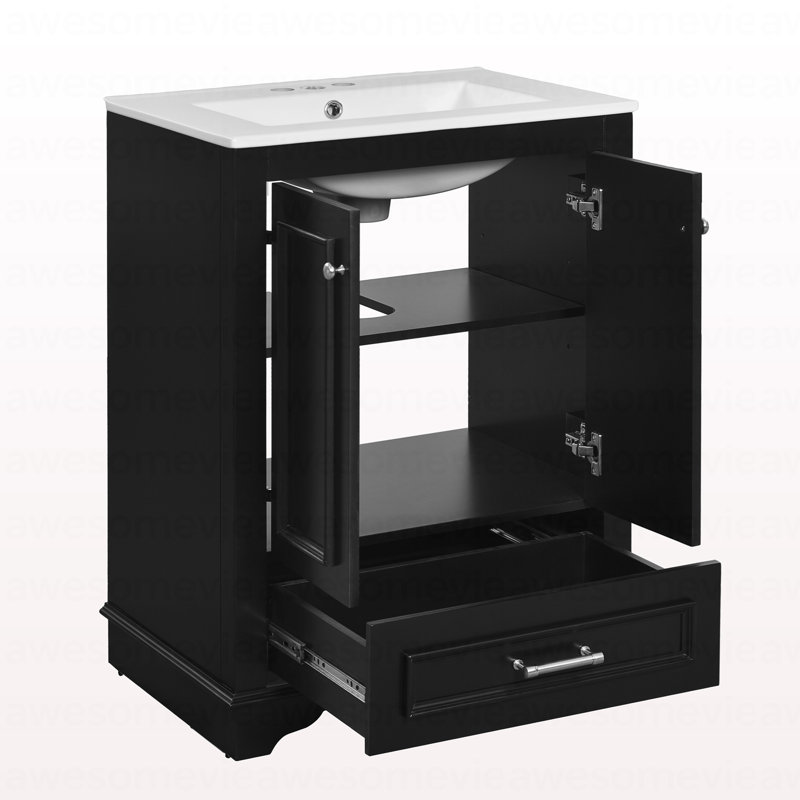 Meuble-lavabo 24 po avec lavabo en céramique, armoire de rangement autoportante moderne avec poignées argentées, portes à fermeture douce