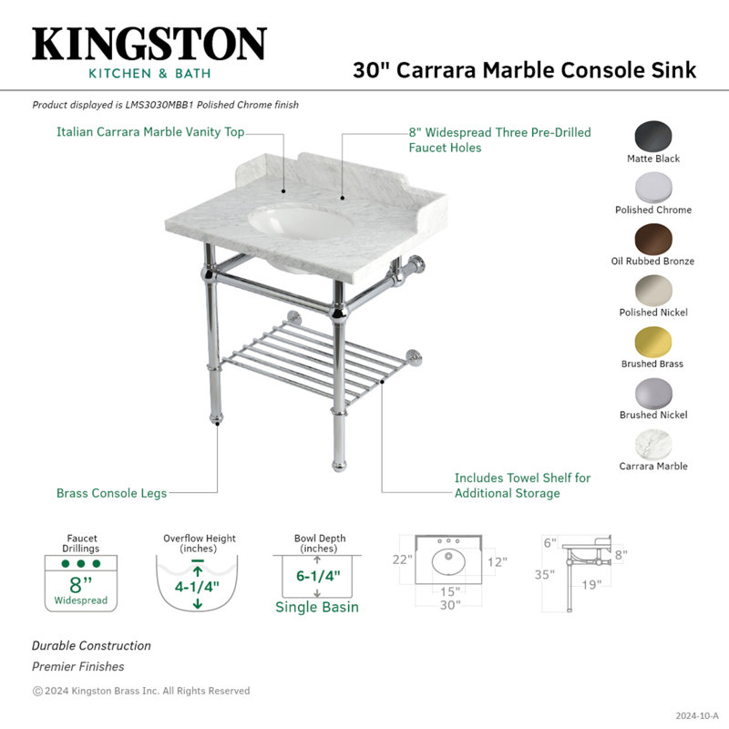 Kingston Brass Pemberton 30-Inch Carrara Marble Console Sink with Brass Legs and Shelf (8-Inch, 3-Hole)