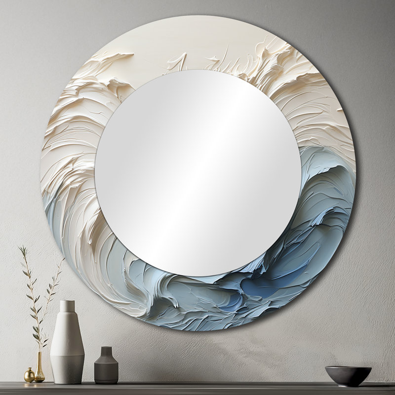 Miroir rond blanc et bleu bord de mer décoratif mural en métal MTMIR109532, 36 po x 36 po