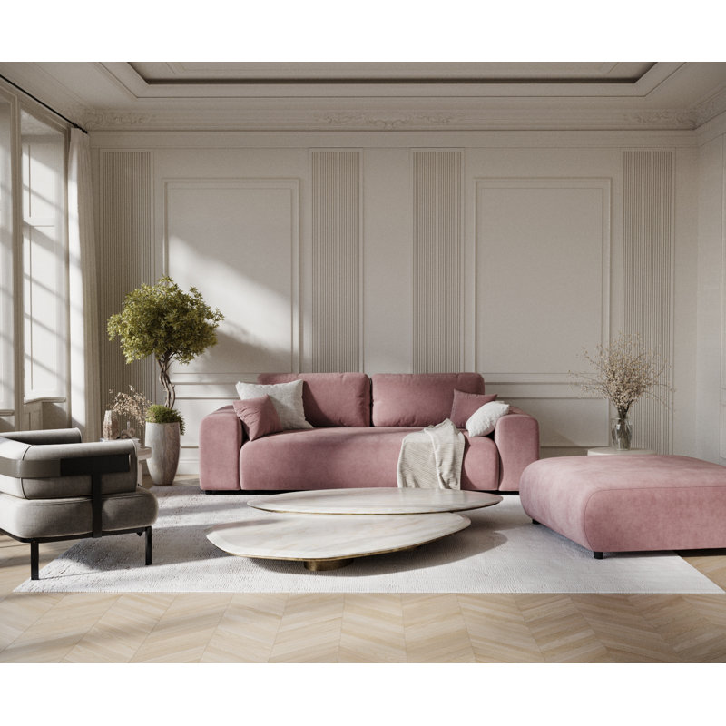 Three-seater square arm sofa, Pink Velvet