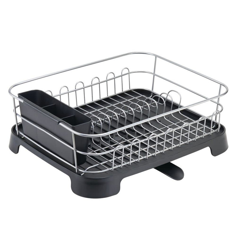 Silver and Black Metal Dish Drying Rack with Utensil Cup