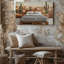 Toile, une scène de chambre à coucher confortable avec un lit d'art mural en bois à palette à profil bas orné d'un ensemble de literie gris texturé doux contre un art mural en toile-892320581