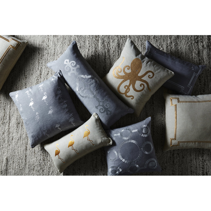 Embroidered Feather Linen Throw Pillow, Sand