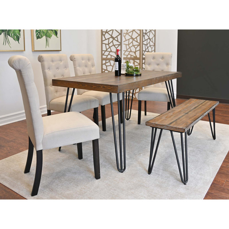 Ensemble de salle à manger 6 pièces, table à manger en épingle à cheveux avec 4 chaises et banc, Beige