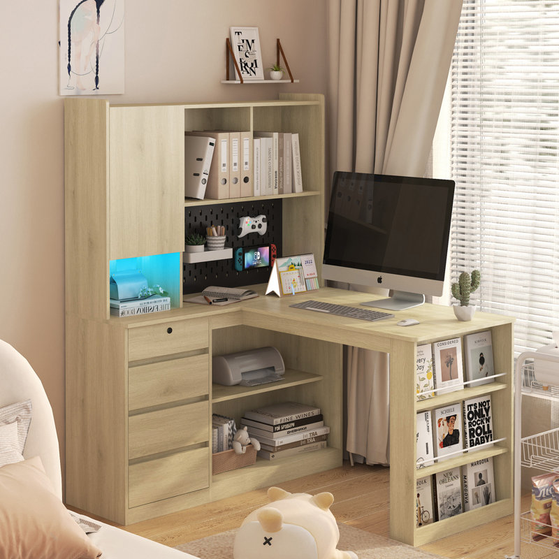 Bureau en L avec chargeur, bureau d'ordinateur avec tiroirs, bibliothèque avec lumière DEL, Light Oak