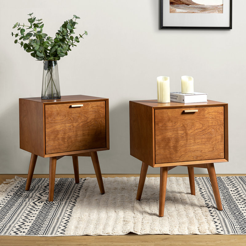 Boneva Mid-century Modern 18''W 2-Drawer End Table with Hidden Drawer and Charging Station, Acorn