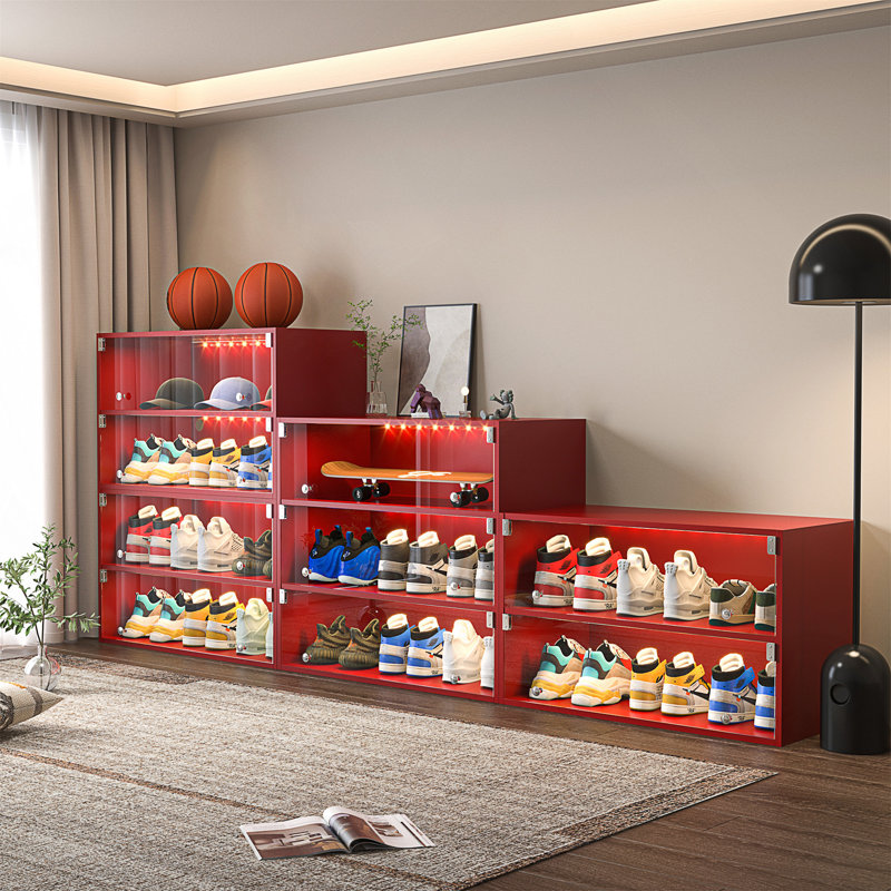 RGB LED Light Shoe Storage Cabinet With Glass Door For Sneakers,Stackable Design (Only Include 1 Two-Layers Shoe Box)