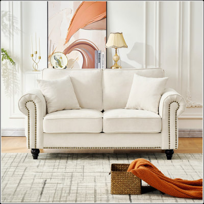 63-Inch Modern 2-Seater Chenille Upholstered Sofa With Rolled Arms, Wood Legs, And Nailhead Trim For Comfort And Style