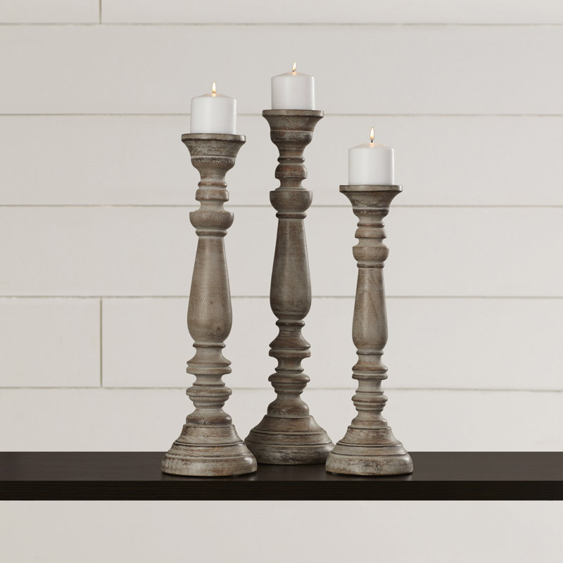 3 Piece Wood Tabletop Candlestick Set