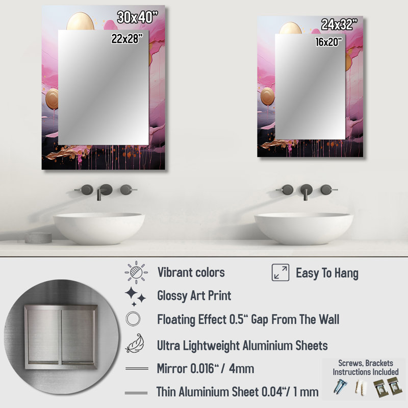 Or et rose moderne liquide formes I - miroir mural formes, miroir décoratif moderne, art imprimé en métal, 32 po x 24 po