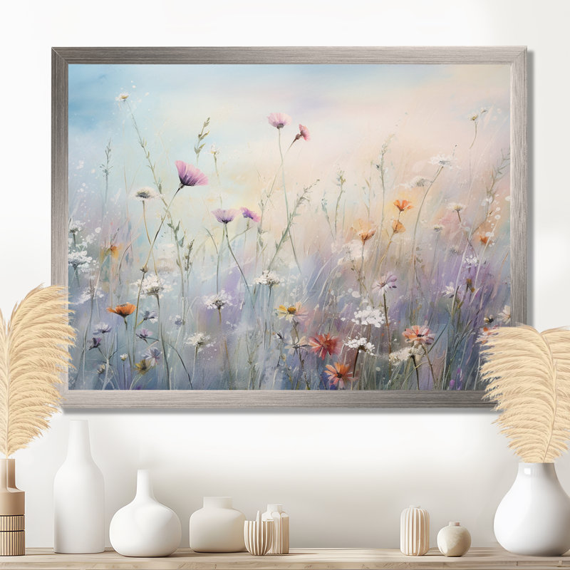 Wildflowers Wander meadows - Wildflowers Wall Art for Living Room, Single Picture Framed, 34" H x 44" W, Silver