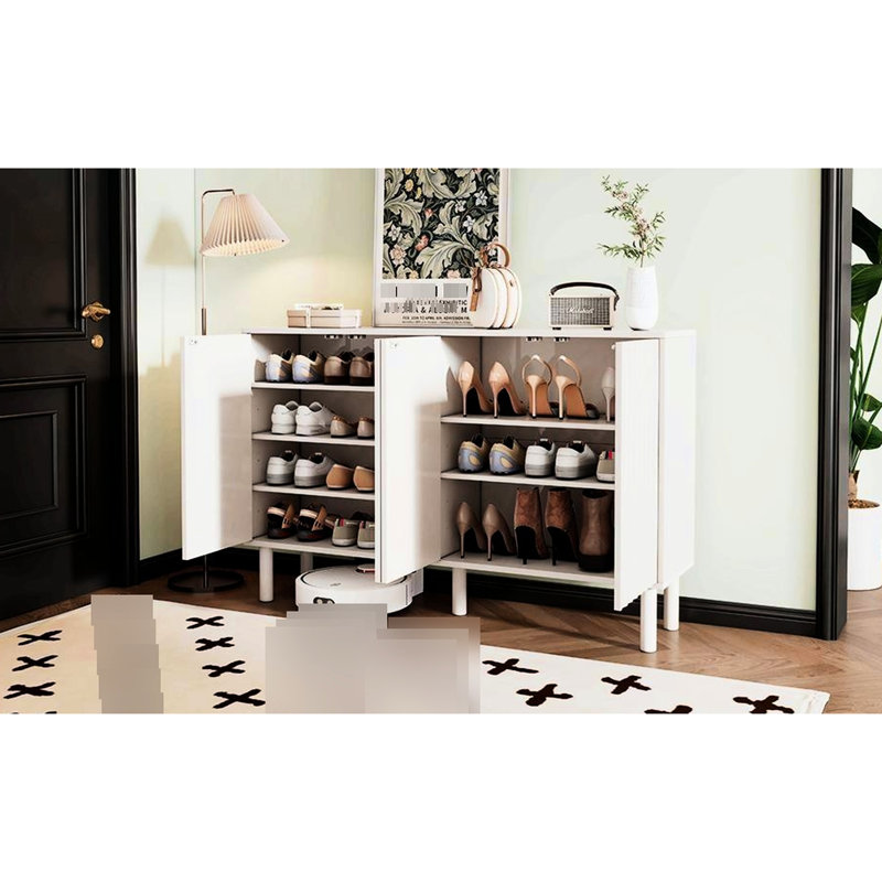 Armoire chic 55,1 * 13,7 * 35,4 pouces avec pieds en bois massif et portes cannelées, blanc, 5 tablettes réglables pour le salon, le couloir, le vestibule, le placard, les pieds de cuisine minimalistes,