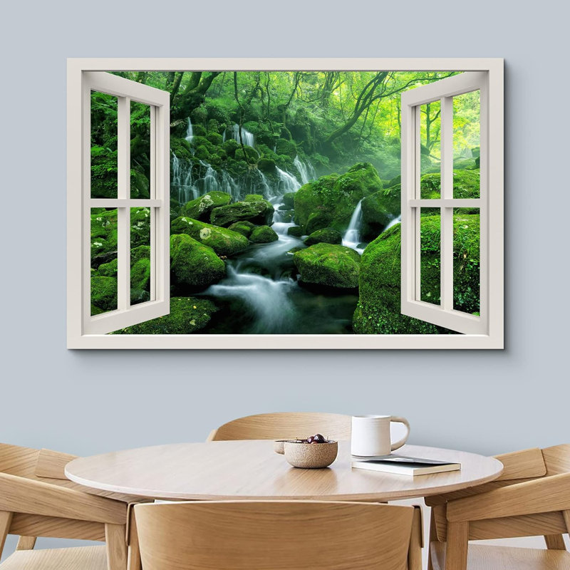 Fenêtre «Vue de la fenêtre, arbre vert, rivière, rivière, cascade rapide, paysages naturels» sur, H 32 po x l 48 po