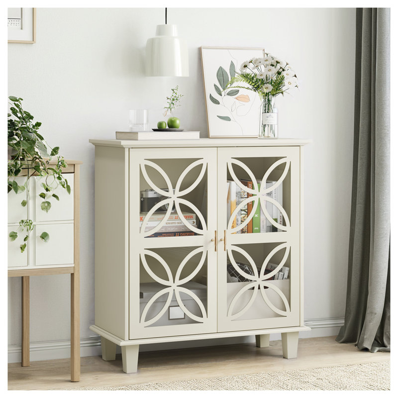 Buffet moderne crème avec portes en verre trempé, console de rangement rétro pour salon et salle à manger