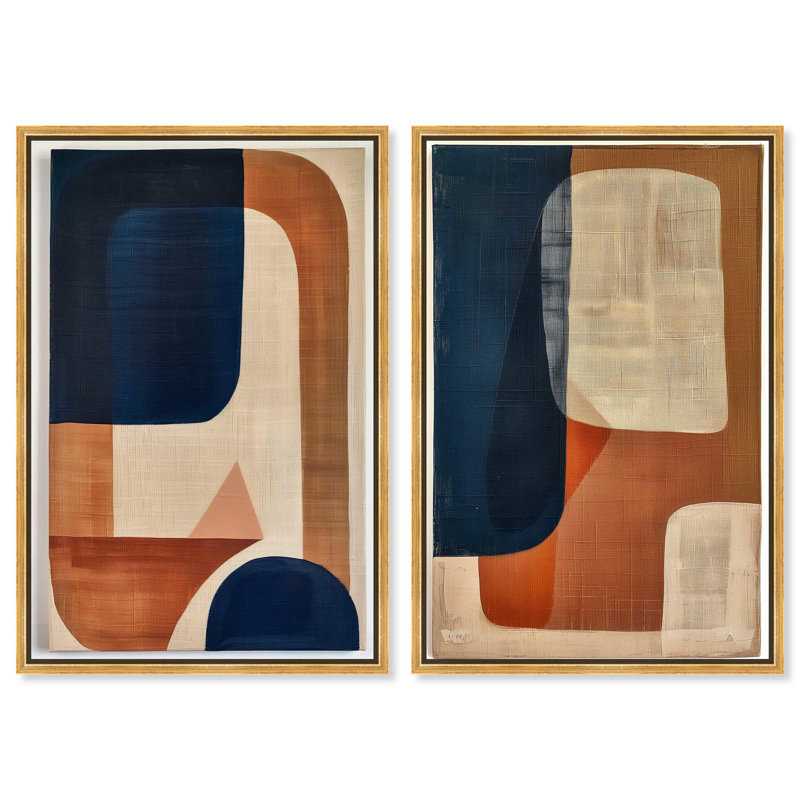 Blue Cream Set Canvas Set of 2 Boho Abstract by Art Remedy, Gold Floater Framed, 54" H x 36" W