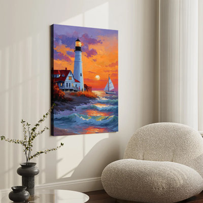 Tableau impressionniste sur toile représentant un phare au coucher du soleil avec un voilier, grand format, monté sur châssis, idéal pour le salon ou la chambre.