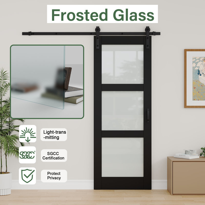 Panneau de porte pré-assemblé, porte de grange coulissante en verre trempé givré en bois massif avec finition noire et portes de salle de bain (fermeture en douceur incluse)