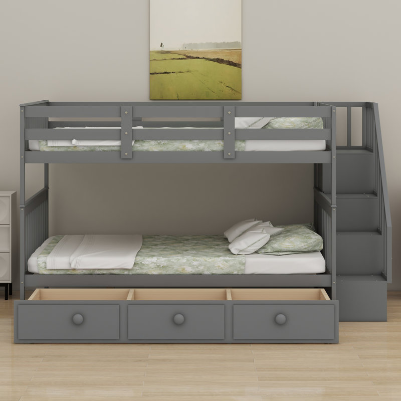 Lit superposé avec tiroir, rangement et garde-corps pour la chambre à coucher, Gris