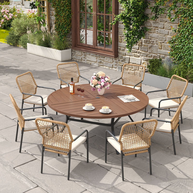 9-Pieces Patio Round Outdoor Dining Set With Rattan Armchair, Walnut