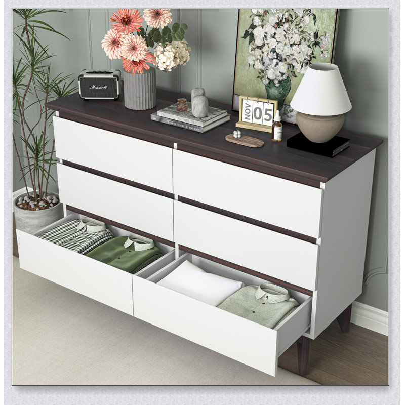 Commode double 6 tiroirs avec tiroirs larges, commode blanche pour chambre à coucher, commode en bois