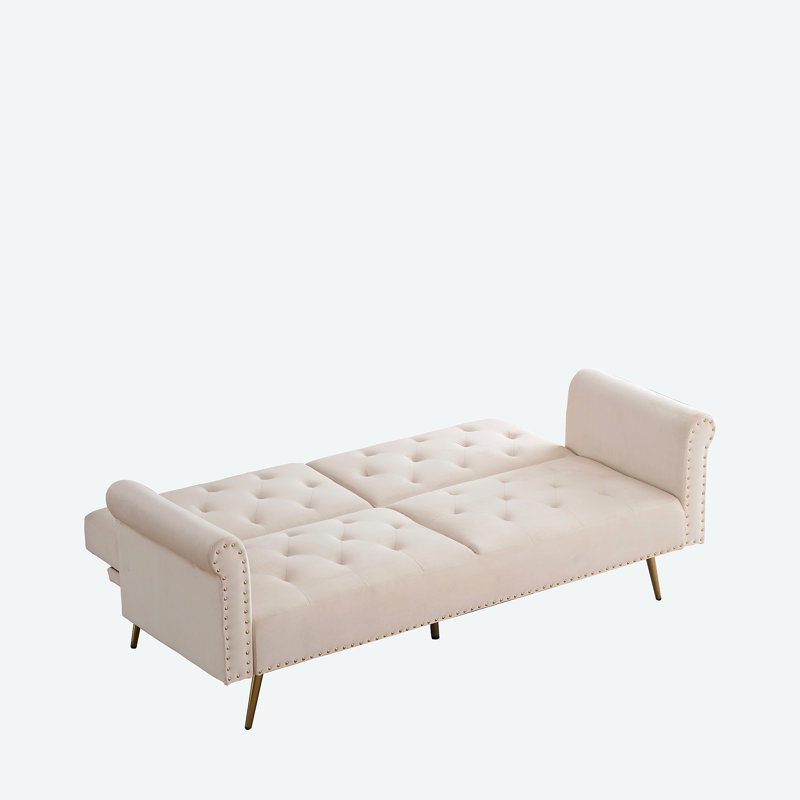 Canapé-lit en velours 61,4 Fantaisa, Beige, Bois massif et bois manufacturé
