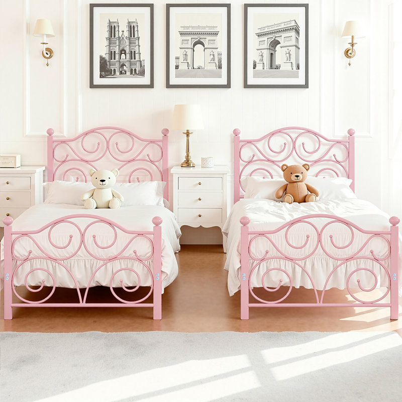 Mouin 2-Piece Metal Twin Bed Frame Set with Decorative Headboard and Footboard, Victorian Style Pink Platform Bed with Heavy-duty Slats Support, No Box Spring Needed