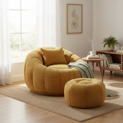 Cloud-Like Memory Foam Bean Bag Chair & Ottoman Set Soft Fabric Lounger with Pillow for Living Room/Playroom