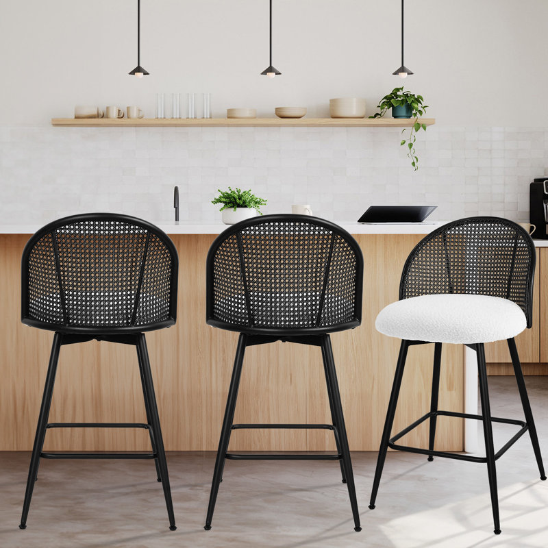 361° Swivel Upholstered Rattan Counter Height Bar Stool, Blanc, Tabouret de comptoir (siège d'une hauteur de 26 p, Noir