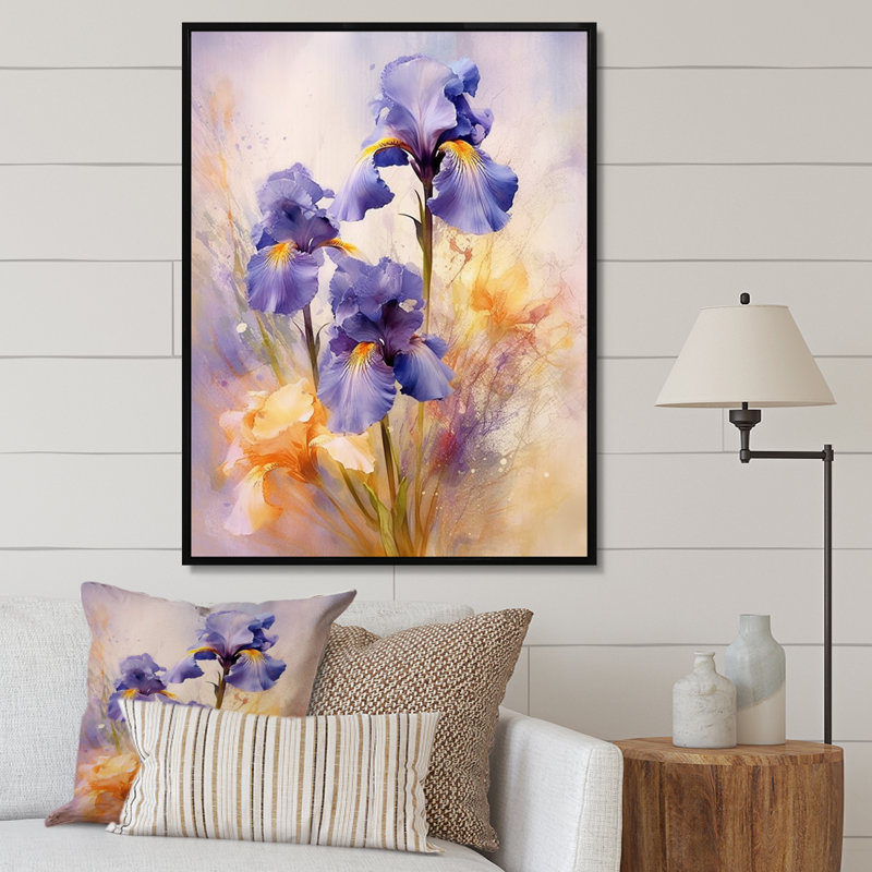 «Mauve jaune et iris», impressions sur toile, H 32 po x l 16 po x P 1,5 po, Cadre flottant noir
