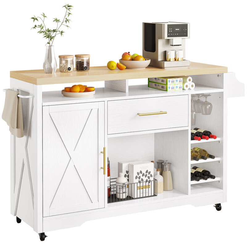 Nixon 53" Rolling Kitchen Cart Island with Solid Wood Tabletop & Power Outlets, White
