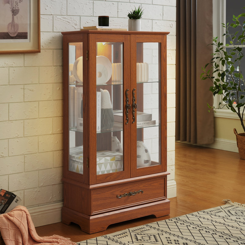 Vitrine lumineuse en verre avec tablettes réglables Élégante vitrine à 2 portes et tiroir intégré, avec ampoule foncée