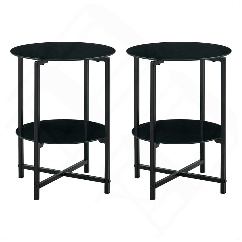 Ensemble de 2 pièces (noir) table de bout en verre trempé, table basse ronde pour bureau de chambre à coucher