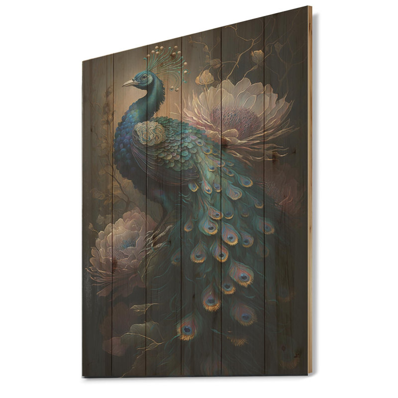 Paon avec fleurs Irit - impression sans cadre sur bois, H 20 po x l 12 po x P 1 po