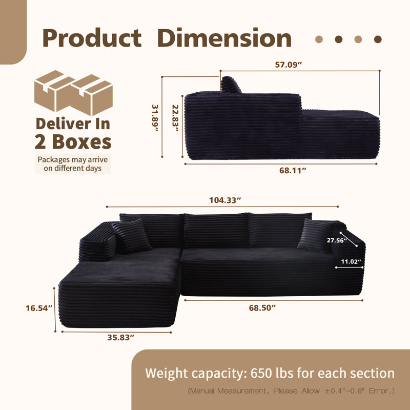 Canapé modulaire rembourré 2 pièces Kailayah, Polyester noir, Orienté à gauche (vu de face)