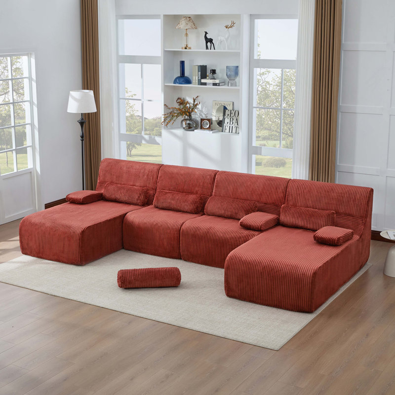 Canapé surdimensionné de 132,2 po, Velours côtelé rouge, Rouge