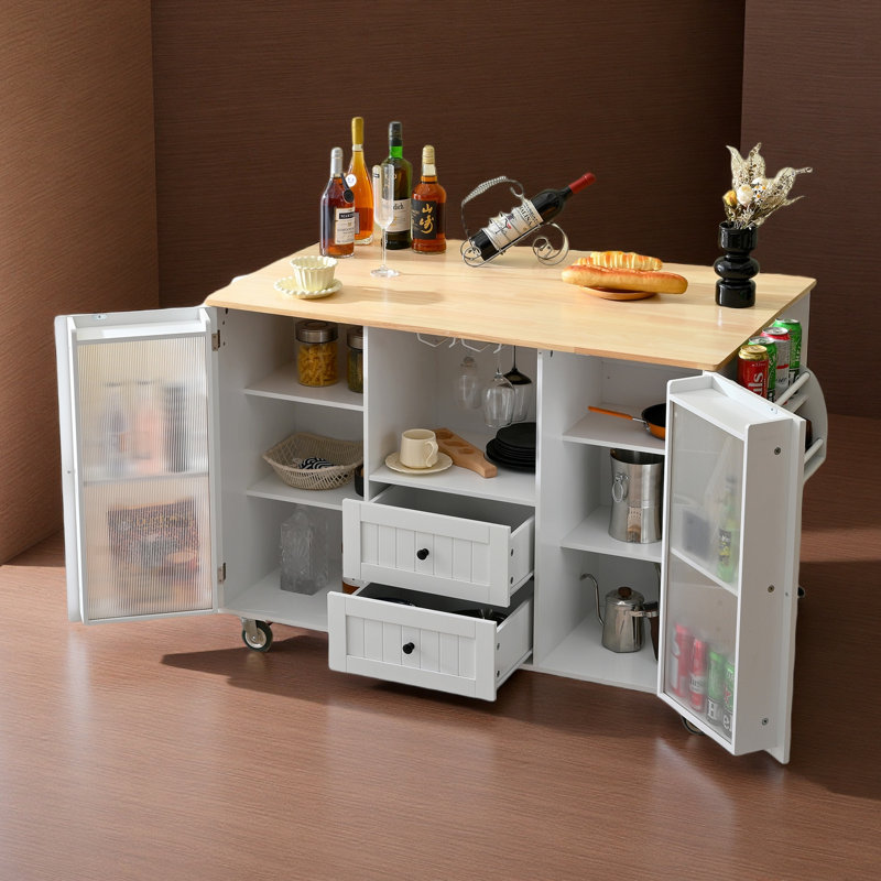 Mobile Kitchen Island Storage Trolley Cart On Wheels With Dropleaf Top, Towel/Spice Rack,2 Drawers, 2-Door Cabinet