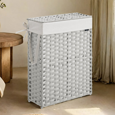 Foldable Laundry Hamper with Lid, Synthetic Rattan Laundry Basket with Removable Liner, White
