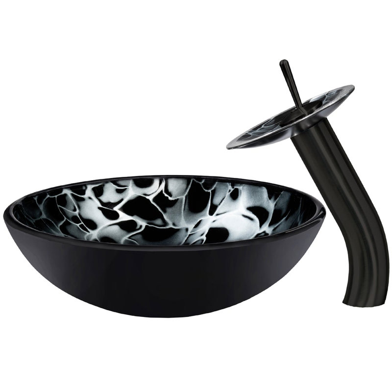 Novatto 16.5'' Glass Circular Bathroom Sink with Faucet, Matte Black