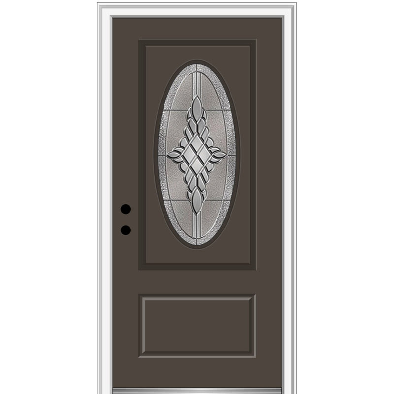 Petite porte d'entrée pré-suspendue ovale en fibre de verre 1 panneau Grace, Brun, Ouverture vers la gauche