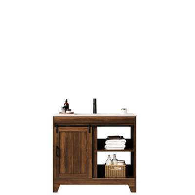 Lavabo d'armoire de salle de bain 36 po, finition noyer foncé. Comptoir en pierre frittée, lavabo en céramique. Et meuble-lavabo spacieux avec option de rangement. Comptoir élégant.