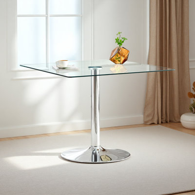 Table de salle à manger 38,5 pouces moderne minimaliste carrée en verre avec base en métal à une colonne. Disponible en table de salle à manger. Convient pour 2 à 4 personnes.