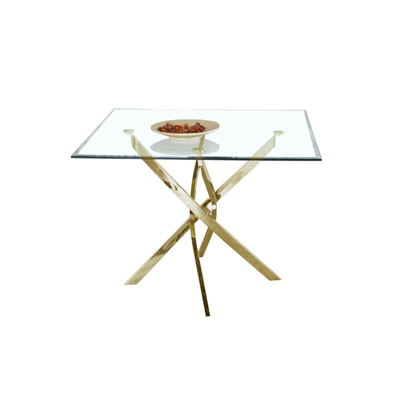 Table carrée contemporaine en verre trempé transparent avec pieds en acier inoxydable à finition dorée, Doré