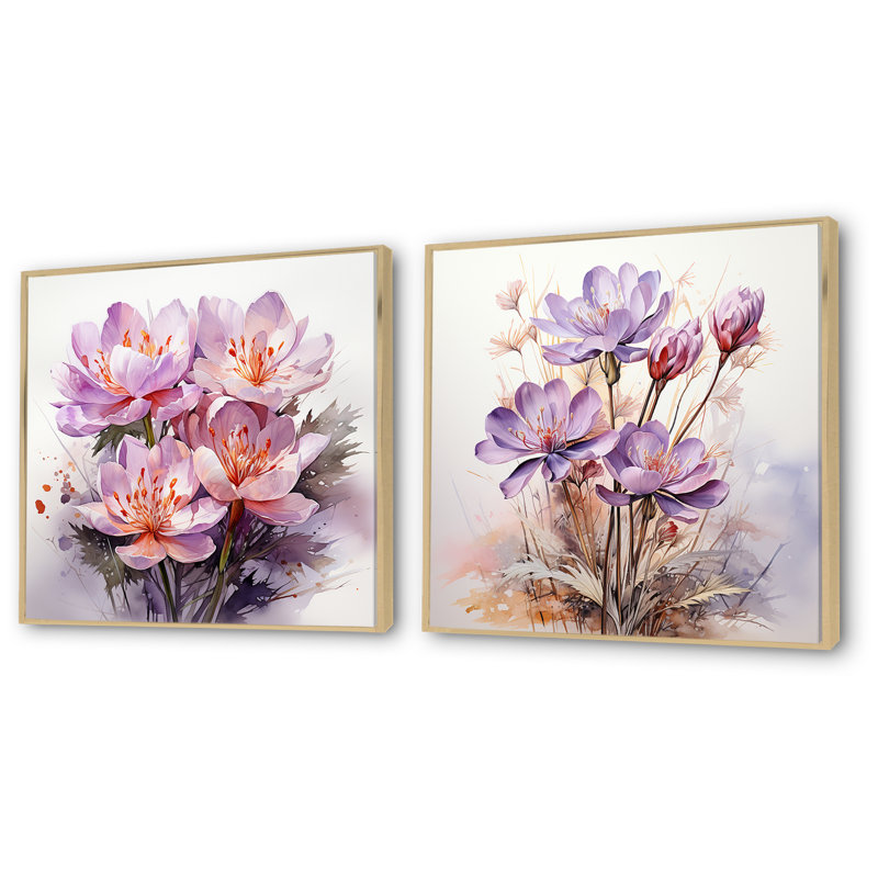 «Purple Zen Crocus Blossoms I», ensemble de 2 reproductions d'art sur toile florales, Cadre flottant brun