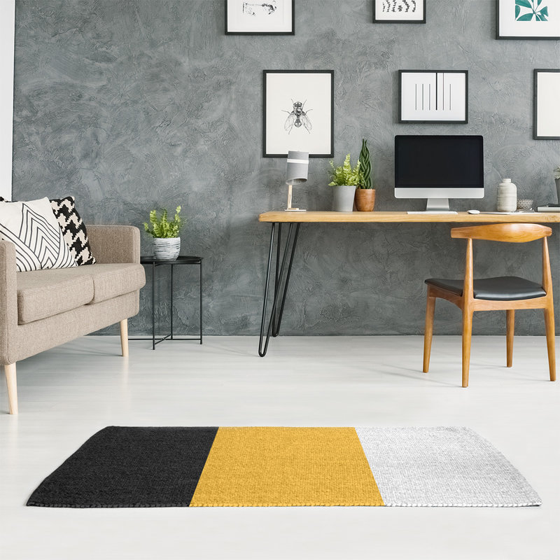 Tapis noir/doré/zone blanche rayée Pittsburgh, Rectangle 3 pi x 5 pi