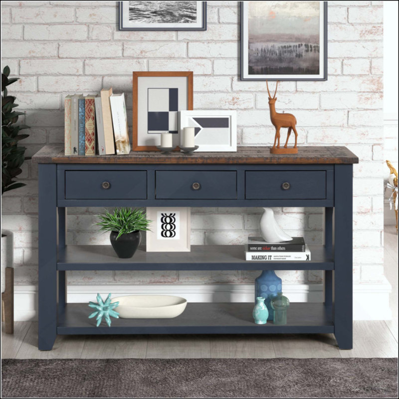 Vintage Solid Pine Wood Top Console Table, Entryway Sofa Side Table with 3 Storage Drawers & 2 Open Shelves, Easy Assembly Accent Table for Hallway Living Room