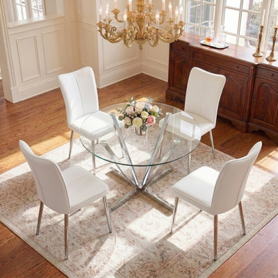 45.2"Round Glass Dining Table Set For 4, Modern Tempered Glass Table With Stainless Steel Legs & PU Leather Metal Chairs, Perfect For Kitchen, Dining Room, Small Space