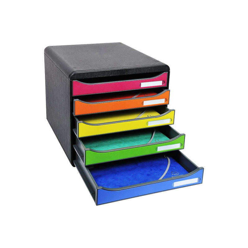 Black Plastic Desktop Drawer Set 5 x 43 mm Drawers for A4 Documents, Multicolor